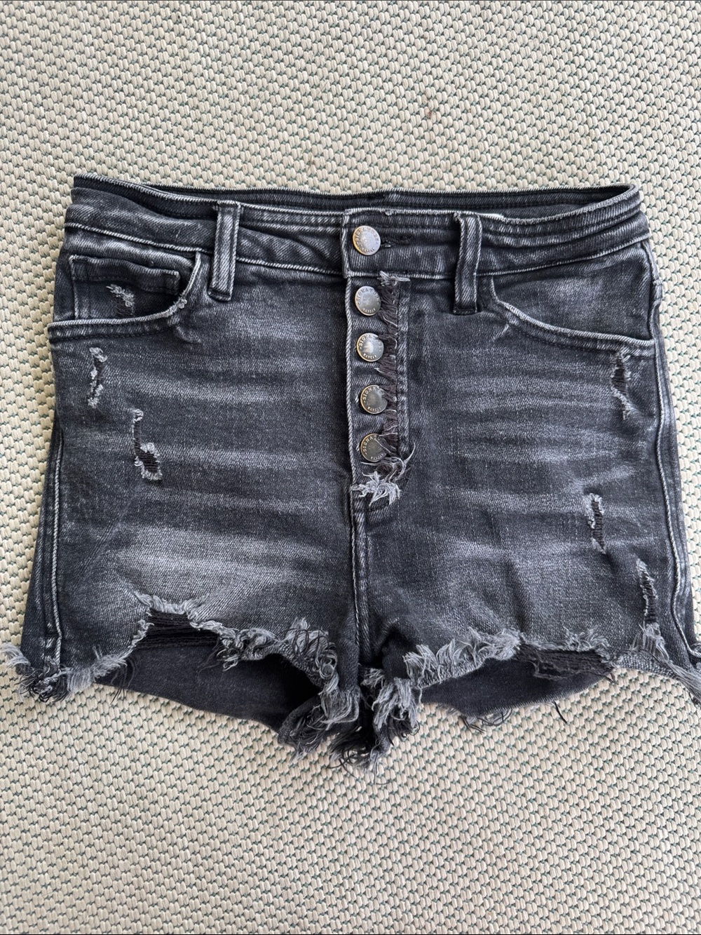 KanCan Washed Black Distressed Button-Fly Denim Shorts
